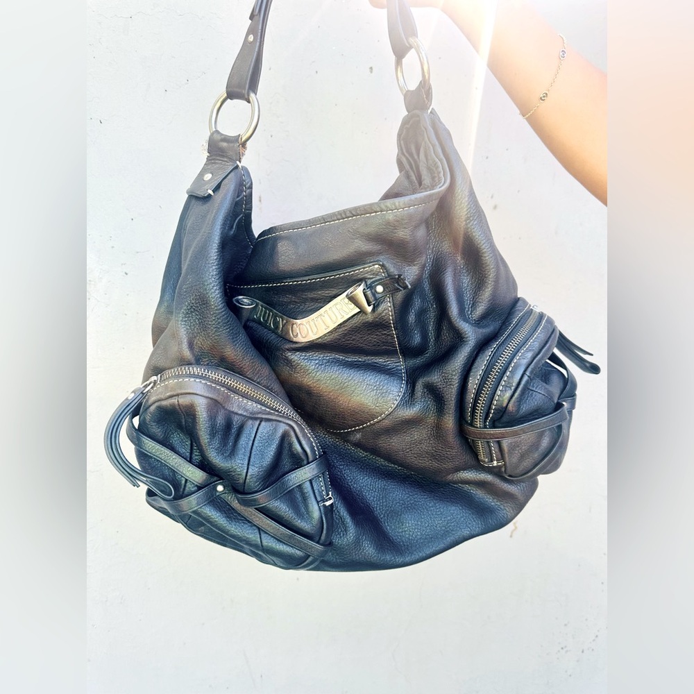 Y2K Black Leather Juicy Couture Handbag Tote Oversized Shoulder w/Silver Detail